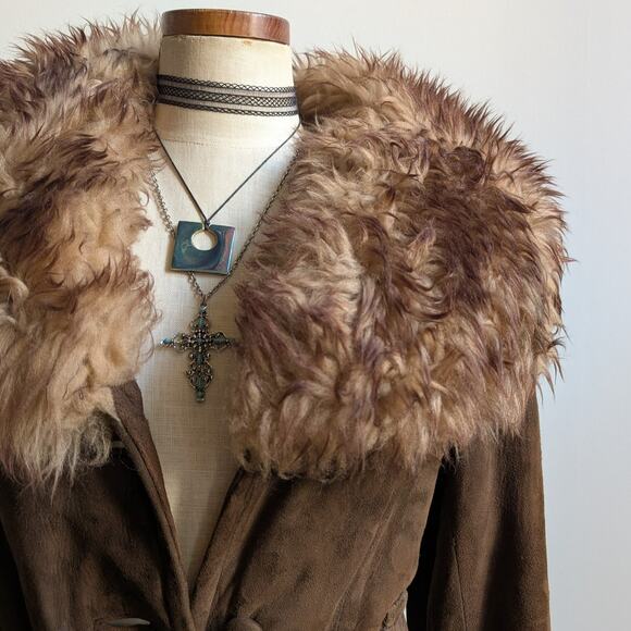 Vintage Brown Suede Fur Trim Penny Lane Jacket Genuine Leather Trench Coat Small - Picture 7 of 11